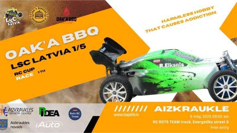 Lielizmēra radio vadāmās mašīnas - OAK’A BBQ LSC Latvia 1/5 RC Cup 1. posms plakāts