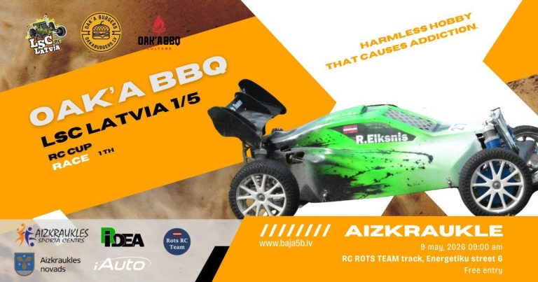Lielizmēra radio vadāmās mašīnas - Sezonas atklāšana 9. maijā Aizkrauklē – startē OAK’A BBQ LSC Latvia 1/5 RC Cup